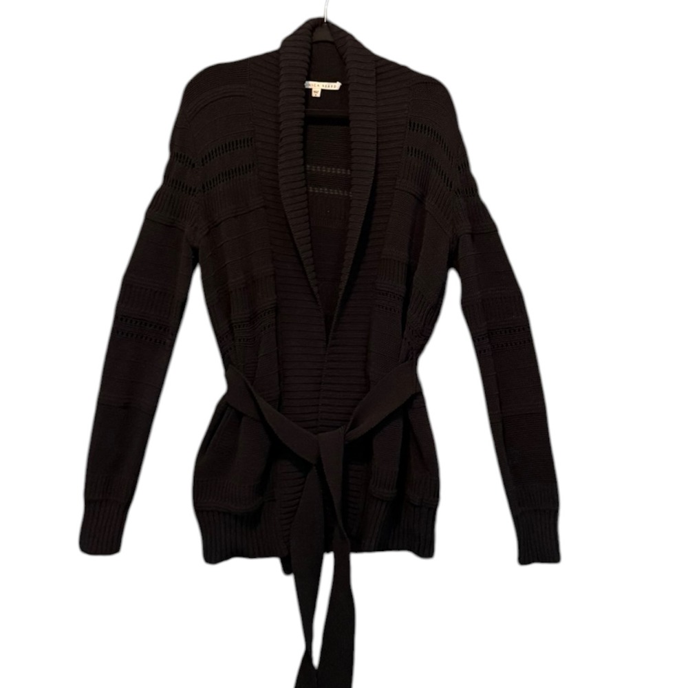 Veronica Beard Cotton‎ Silk Blend Ribbed Belted Shawl Collar Cardigan Black Sz M